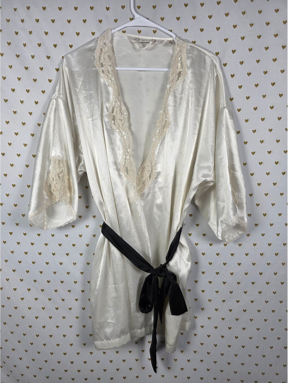 Victorias Secret Satin Silky Robe White VINTAGE Heart Label embellished SEQUIN